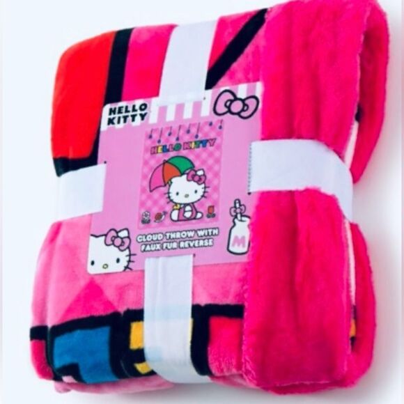Hello Kitty Sanrio Plush Throw Blanket Rainy Day Kitty OS 50”x 60” Pink Red NEW - Picture 2 of 6